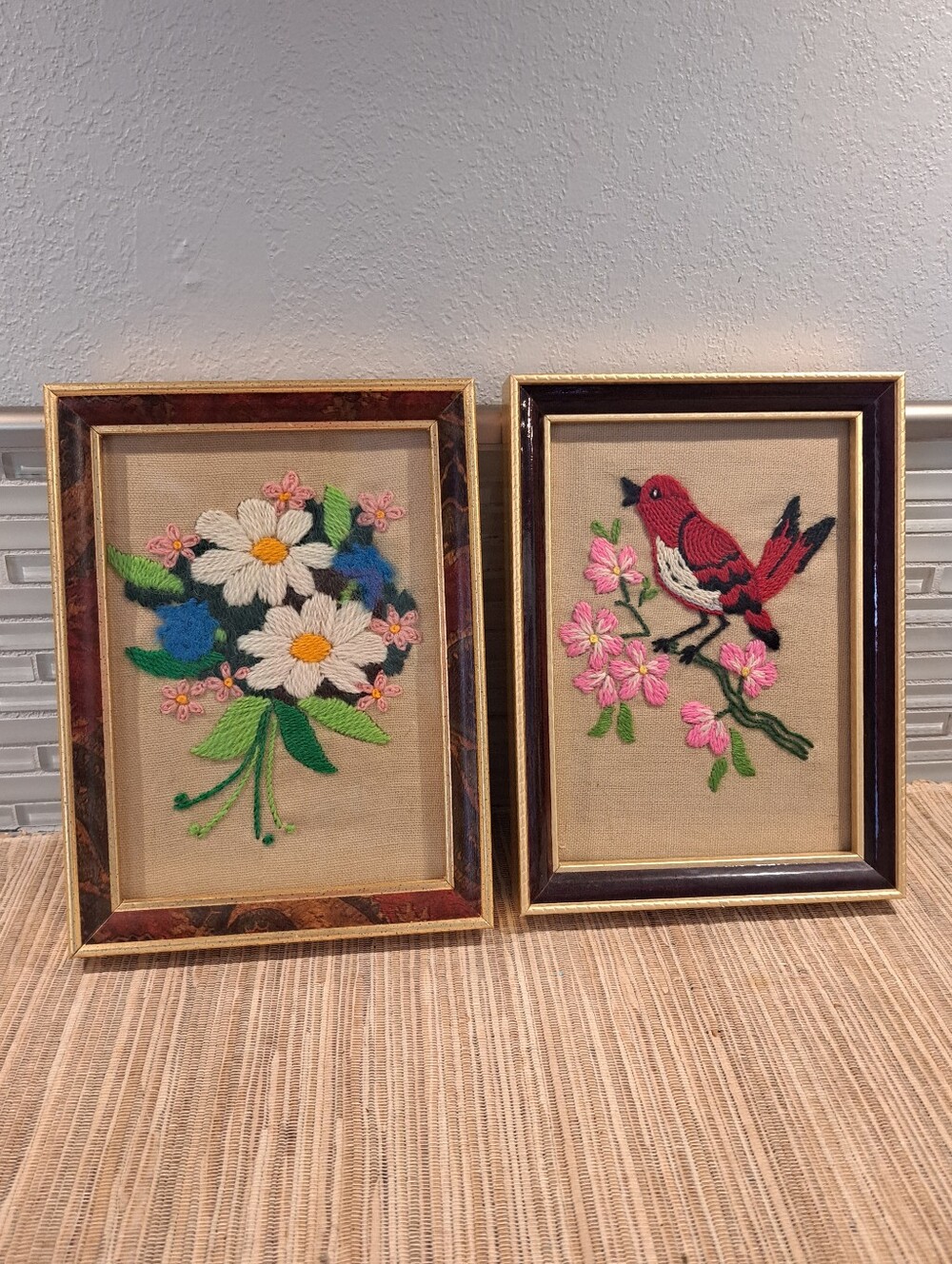 2 Vtg 1970s Framed Crewel Embroidery Wall Art